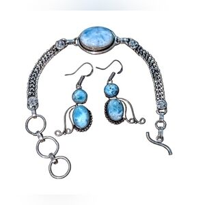 Sterling Silver 925 With Genuine Larimar Stones Bracelet & Earring Set